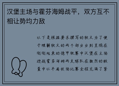 汉堡主场与霍芬海姆战平，双方互不相让势均力敌